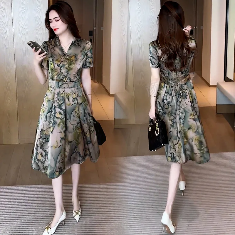 Elegant Graceful Satin Floral Dress Women2024Summer New High-Grade Waist-Controlled Lace-up Light Luxury Midi Dress