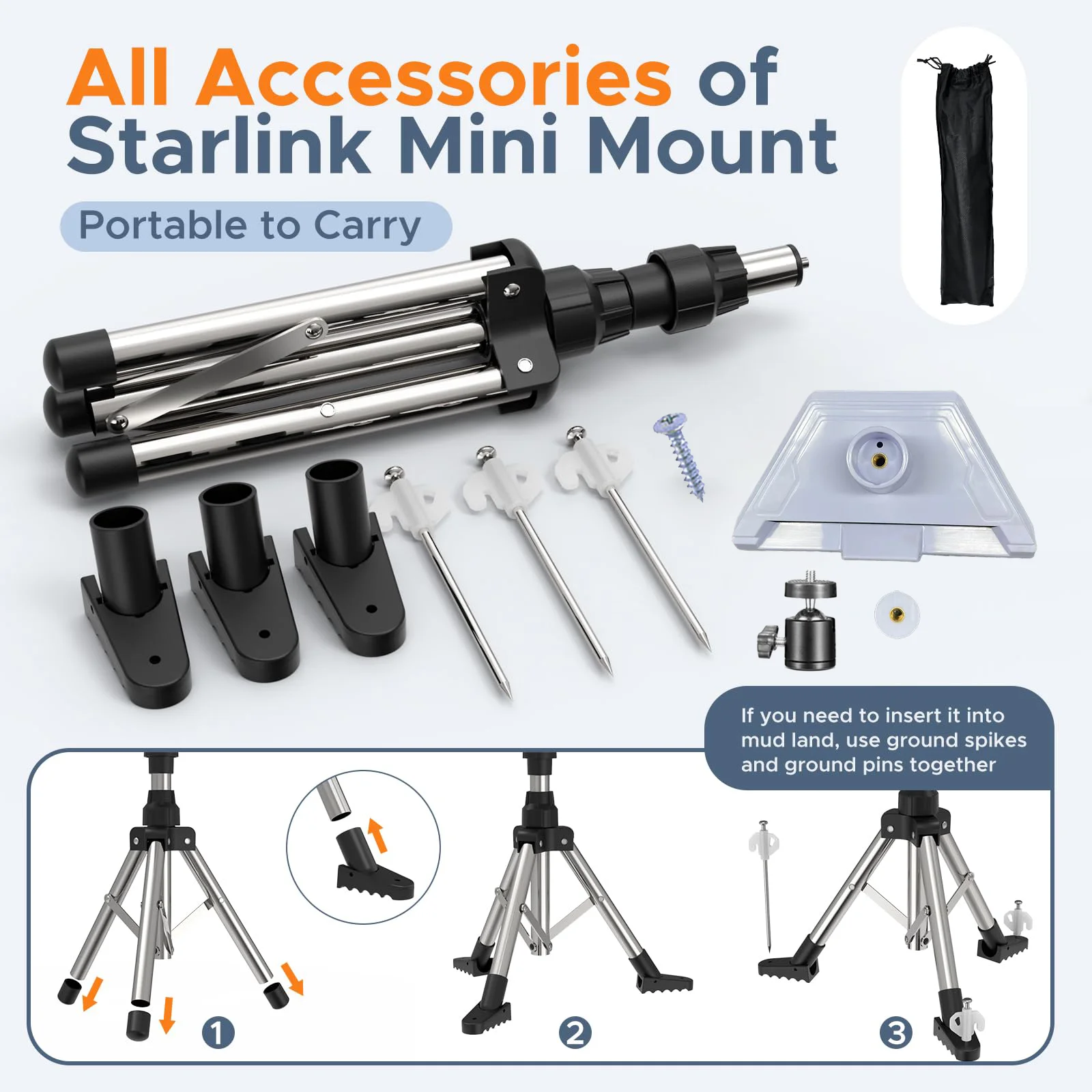 Starlink Mini Tripod Mount with Adapter - Height Adjustable & 360° Tilt, Compatible with Starlink Mini Terminal, for RV Camping
