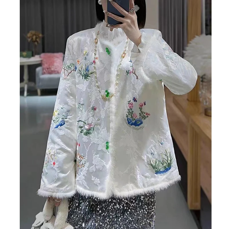 High Quality Winter O-Neck Cotton Coat 2023 New Chinese Style Single Breasted Palace Embroidered Women's Warm Coat S-XXL