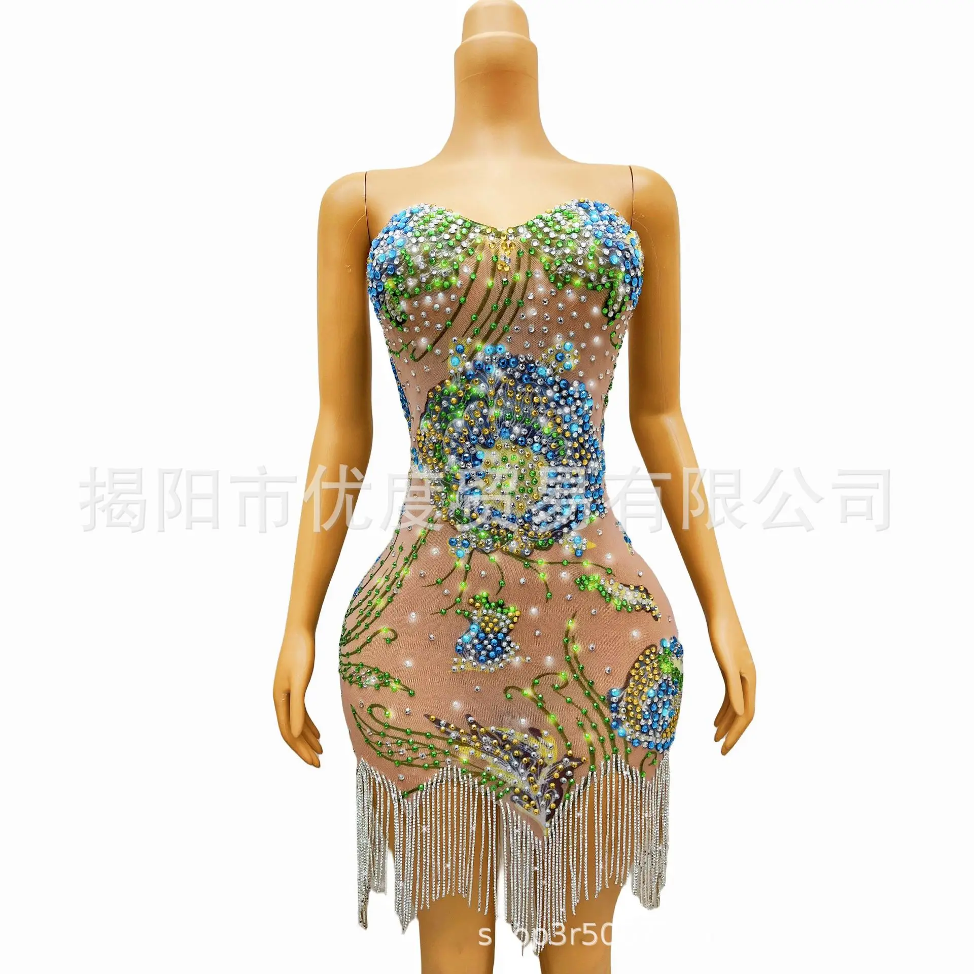 Tube Top Diamond Chain Mesh Perspective Crystal Bright Rhinestone Elegant Cocktail Party Birthday Dress Performance Short Skirt