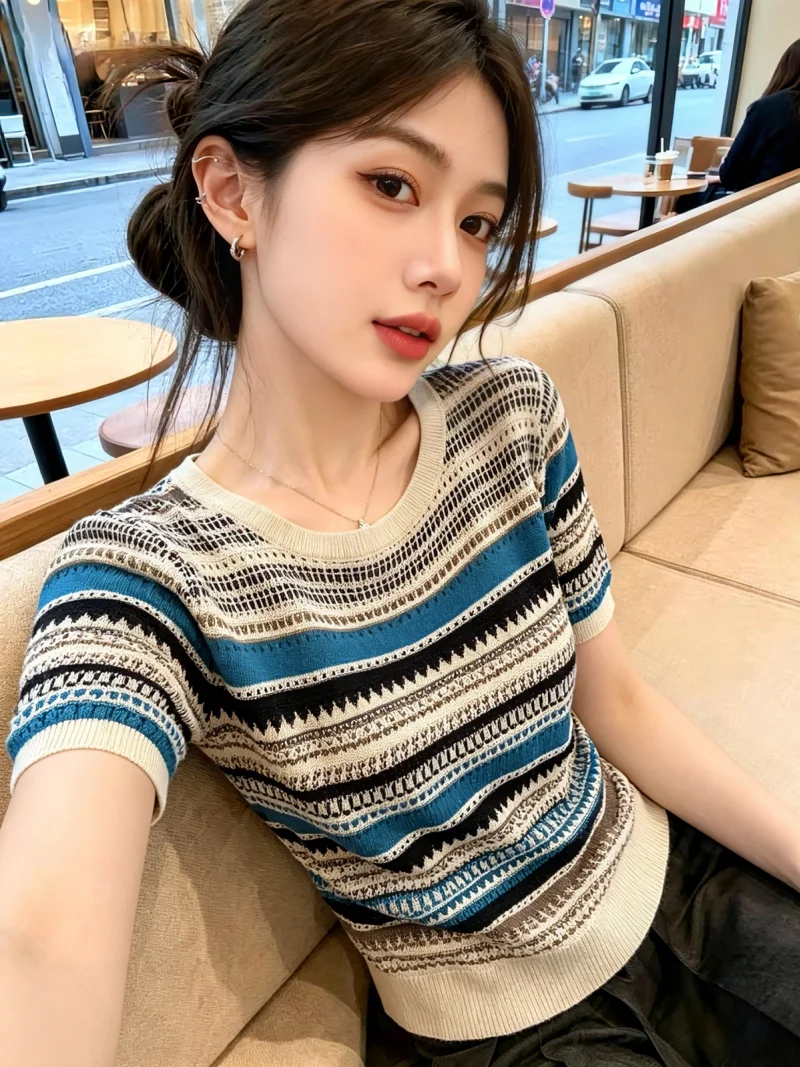 

Retro Color Block Stripe round Neck Knitted Short Sleeve Casual Loose Fit Summer New Style Versatile Top Self-Keeping Design