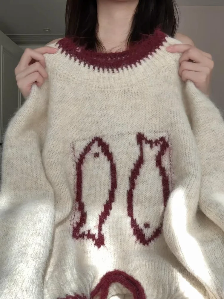 

Soft Cozy Korean Sle Lazy Sweater Women's Color Blo round Ne Knitted Loose Slimming Top Comfortable Long Sve Knitwear