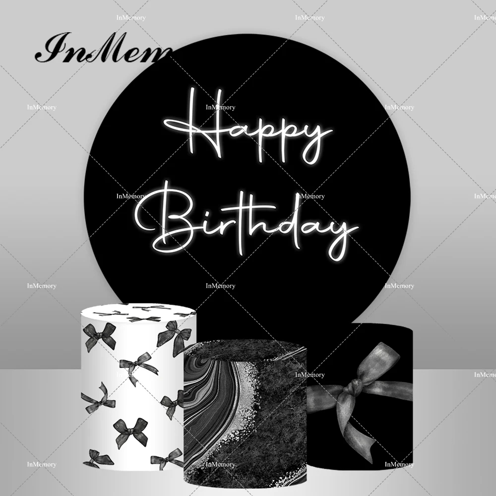 Elegant White Black Bow Lady Woman Birthday Party Round Backdrop Cover Photography Backgrounds Plinth Covers Arch Banner