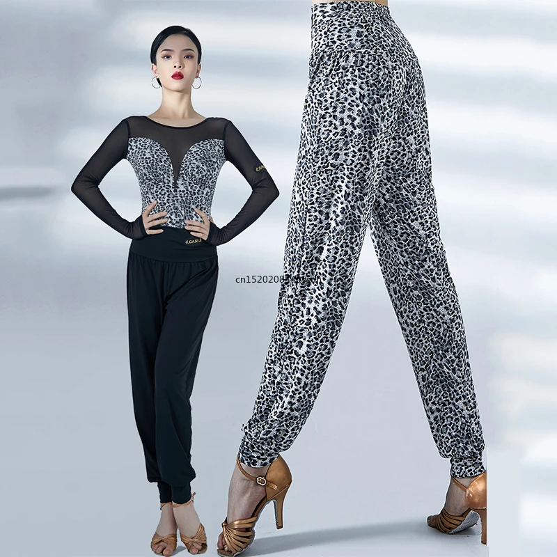 

Women Latin Dance Pants Practice Clothing ChaCha Samba Rumba Ballroom Dance Wear Loose Latin Trousers Black Leopard