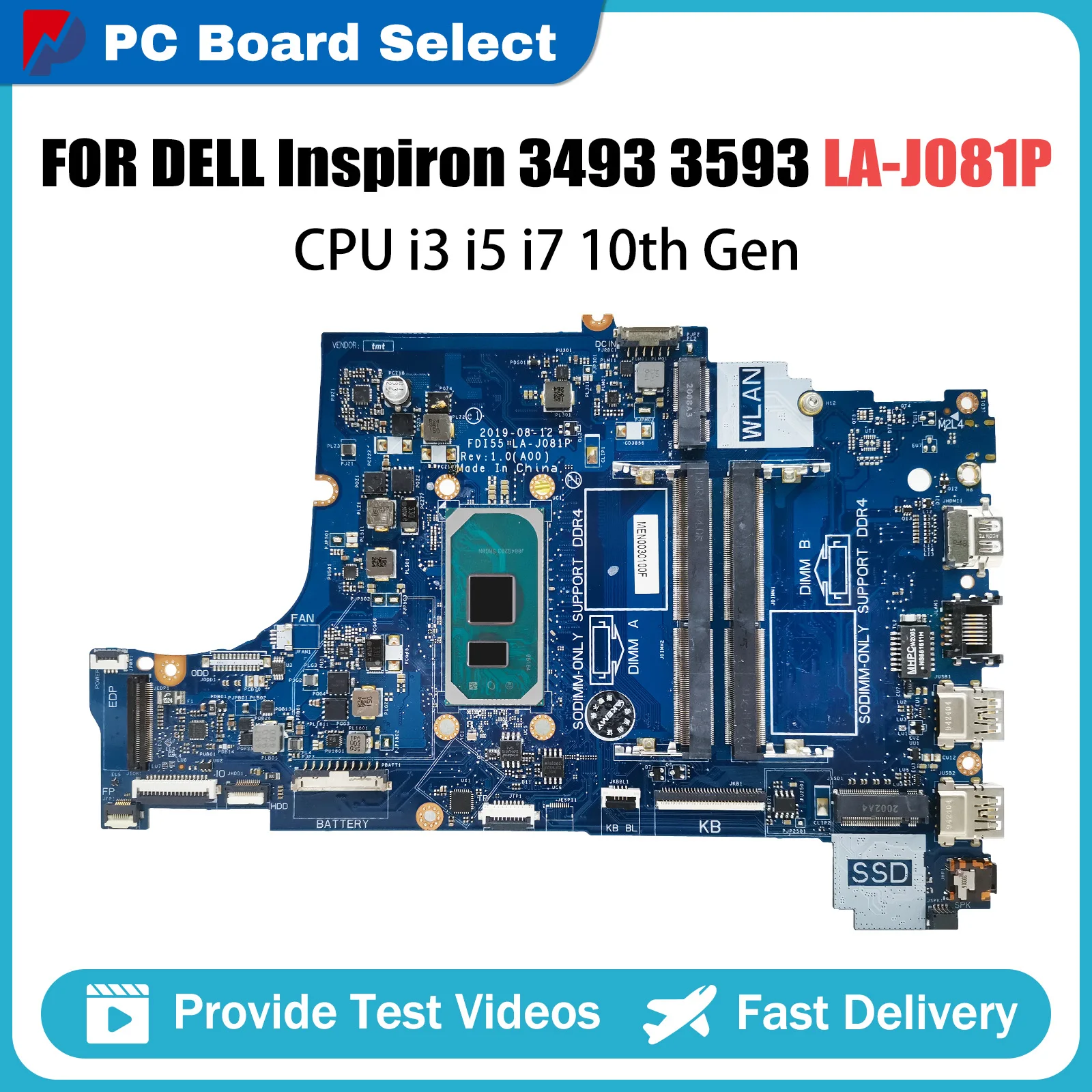 

FDI55 LA-J081P For Dell 3493 3593 559 5770 Notebook Mainboard i3-1005G1 i5 i7-1065G7 CPU 052X6W 004C38 Laptop Motherboard