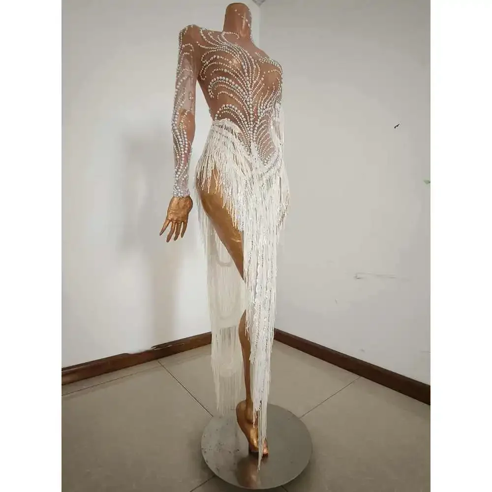 Strass scintillanti Paillettes Frange Compleanno Festeggia Abito da sera Donna Maglia sexy Trasparente Costume da ballo Servizio fotografico