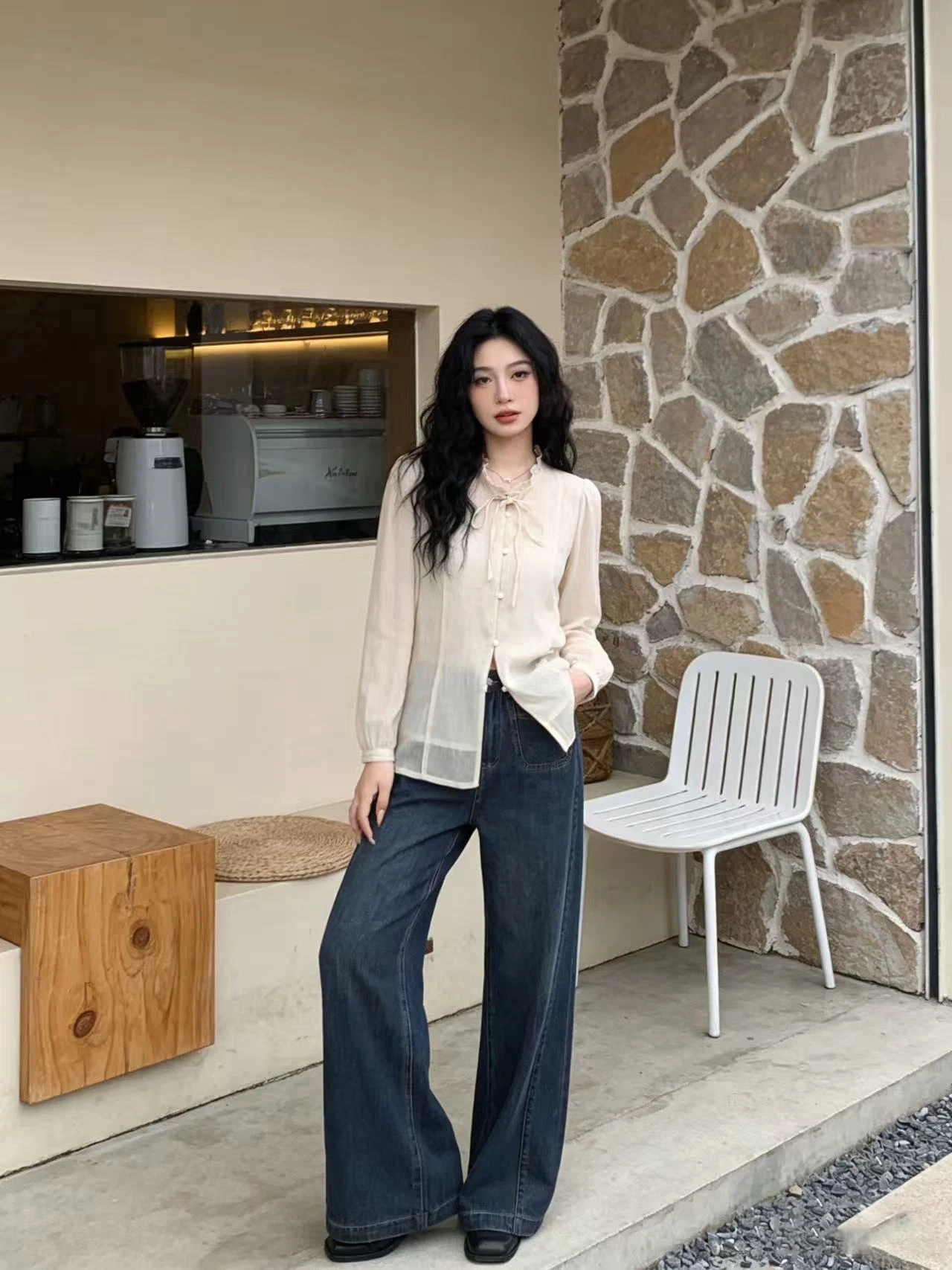 

Minimalist Style Beige Belted Shirt Women Summer Elegant Loose High-End Long Sleeve Slimming Denim Pants Set Polyester Fiber
