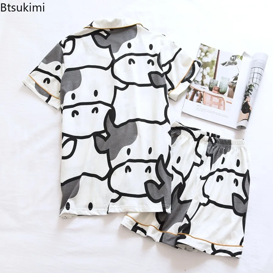 New 2025 Summer Couple's 100% Pure Cotton Pajamas 2-piece Short Sleeved Shorts Set Loose Cartoon Home Clothes for Men and Women