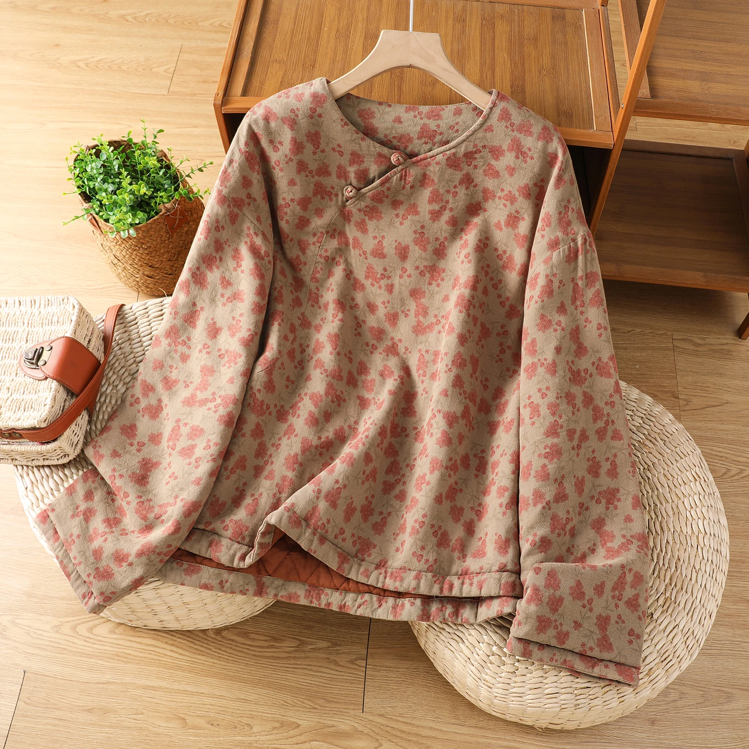 

Retro Floral Cotton Jaet Loose Casual Thin Overhead Autumn Winter Warm Top Straight Tube Long Sve Regular Length