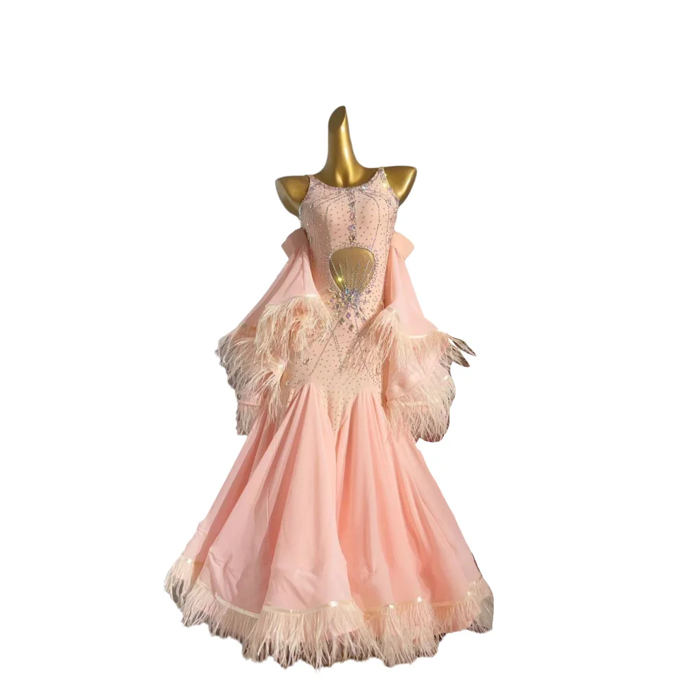 Bailarina latina, falda rosa moderna de felpa personalizada de alta gama para adultos y niños, vestido de actuación de piedra AB de Samba con precisión