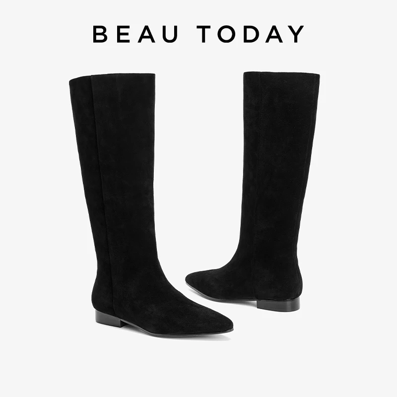 BEAUTODAY Long Boots Women Genuine Cow Suede Leather Pointed Toe Solid Color Slip-on Boots Ladies Shoes Handmade 01288