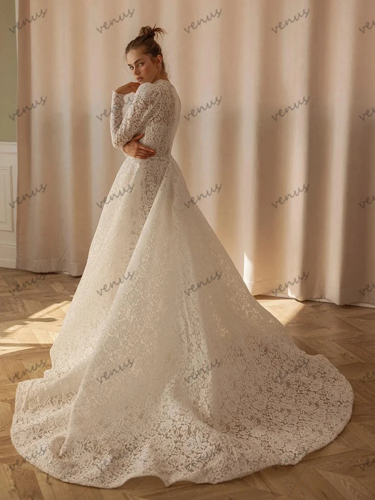 فساتين زفاف رائعة على شكل حرف A من الدانتيل زي العرائس بأكمام طويلة للحفلات الرسمية أنيقة من فيستدوس دي نوفيا مخصصة 2025