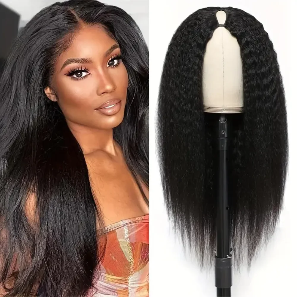 Kinky reta v parte perucas de cabelo humano natural preto yaki peruca reta sem deixar para fora v parte peruca cabelo humano completo máquina feita