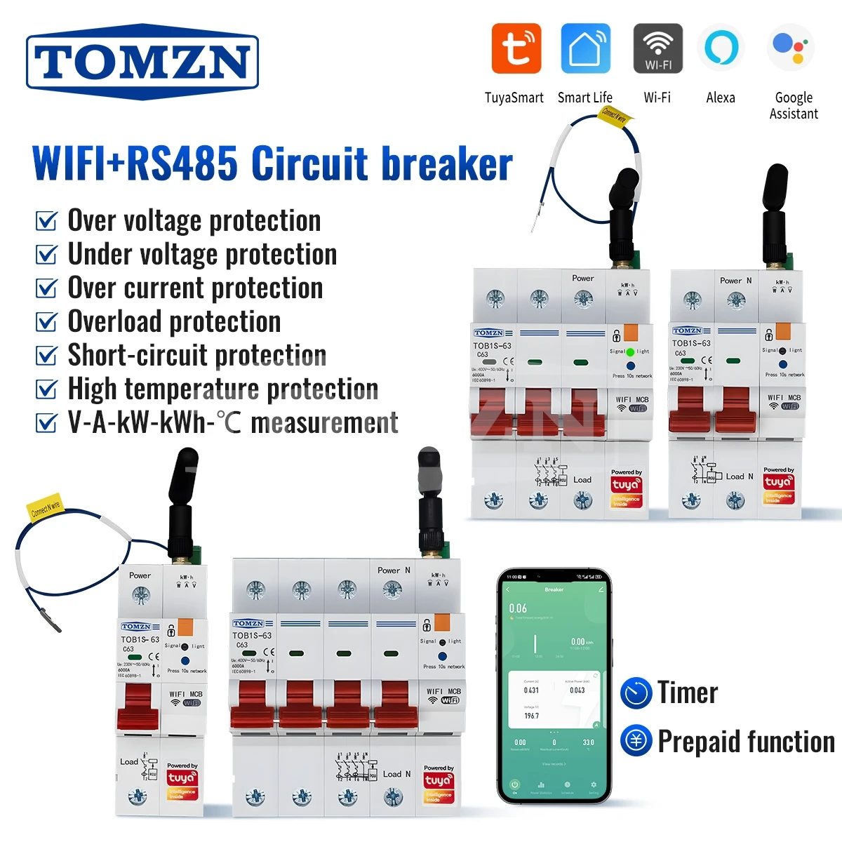 

WIFI Smart Circuit Breaker TOB1S 63A Short-circuit Protection Prepayment tomzn official over and under voltage protection 220v