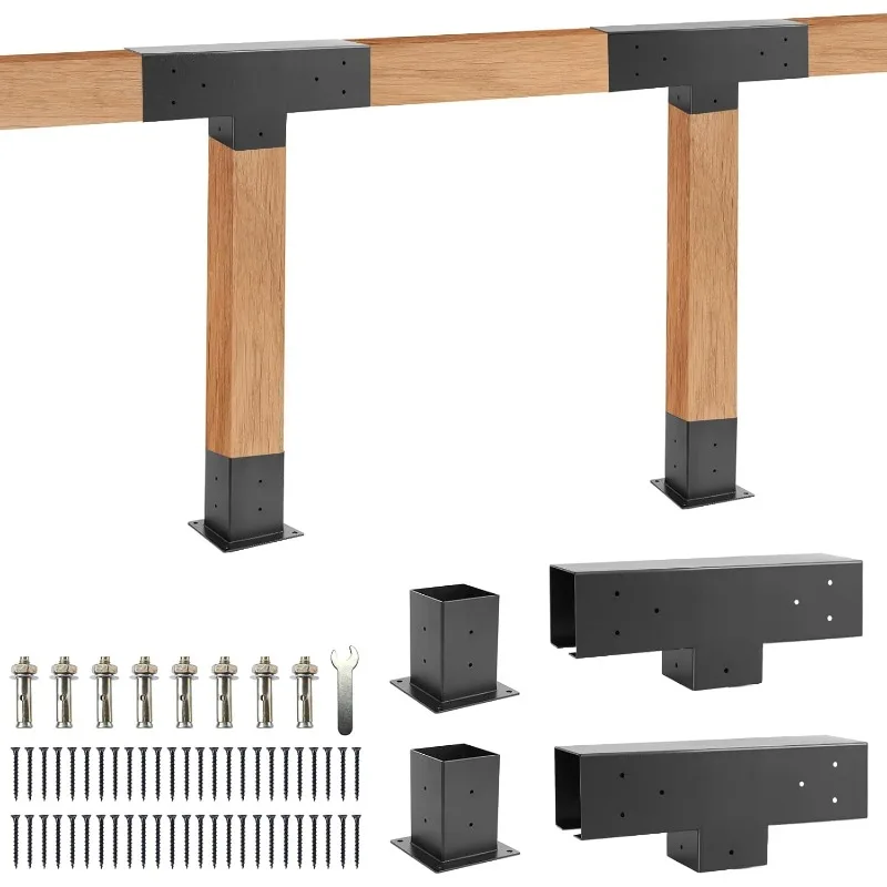 Pergola Brackets Kit 4x4 -3-Way Right Angle Corner Bracket, Pergola Brackets Base Kit with 2 T-Brackets and 2 Bases,