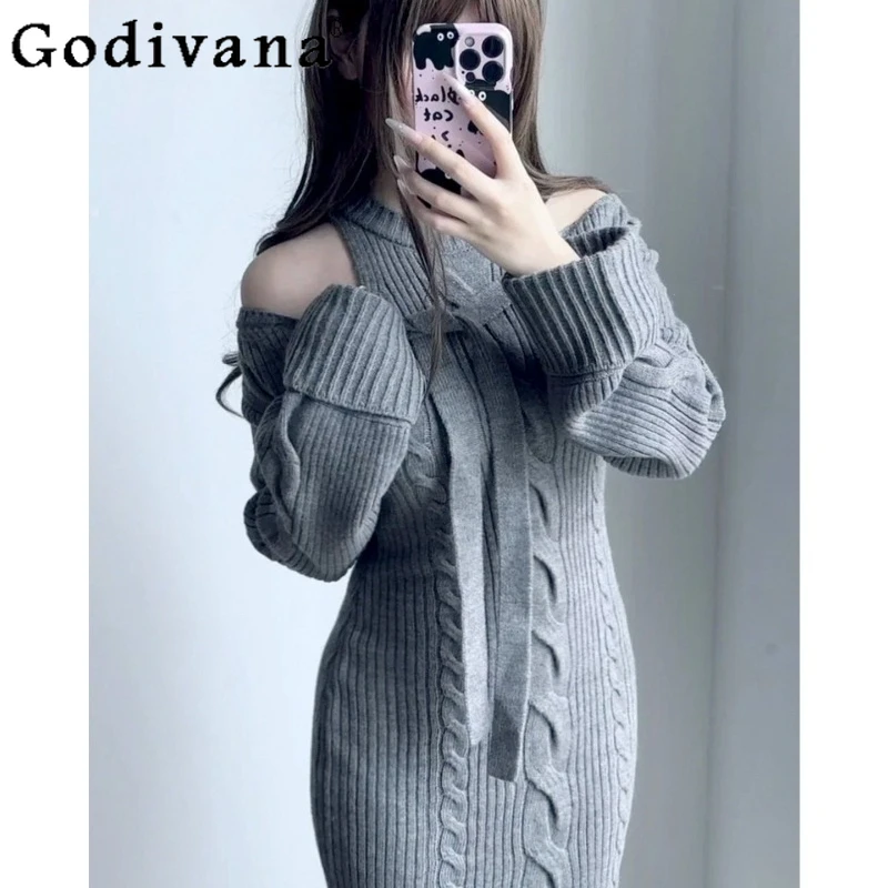 

Autumn Winter New Women's Pure Desire Dress Japanese Style Bow Tie Knitted Dress Female High Street Slimming Long Dress