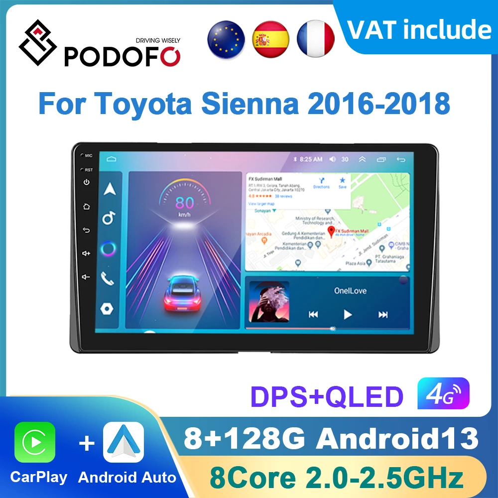 Podofo AI Voice Android Carplay Car Radio For Toyota Sienna 2016-2018 Android Auto 4G Multimedia Player GPS Navigation RDS Radio