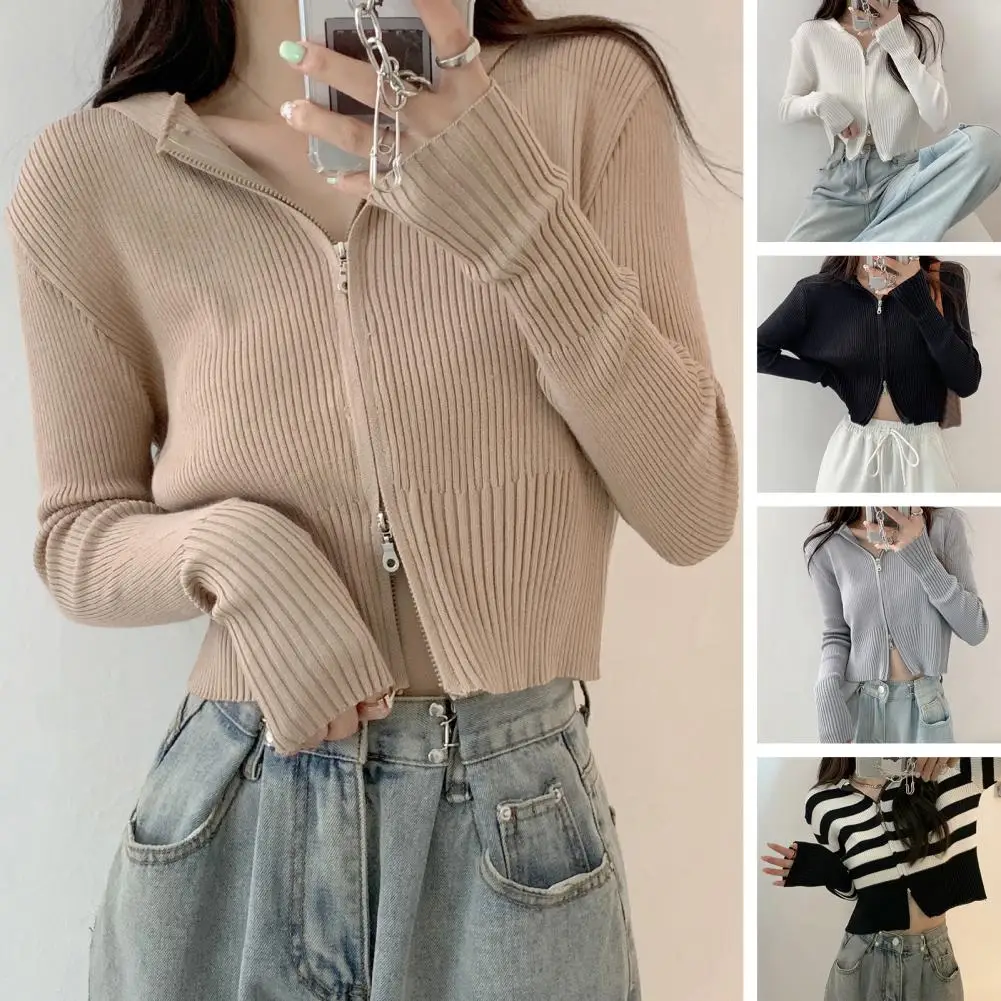 Women Knitted Cardigan Stylish Women's Knit Cardigan Double-head Zipper Hooded Long Sleeve Sweater Coat for Spring Autumn