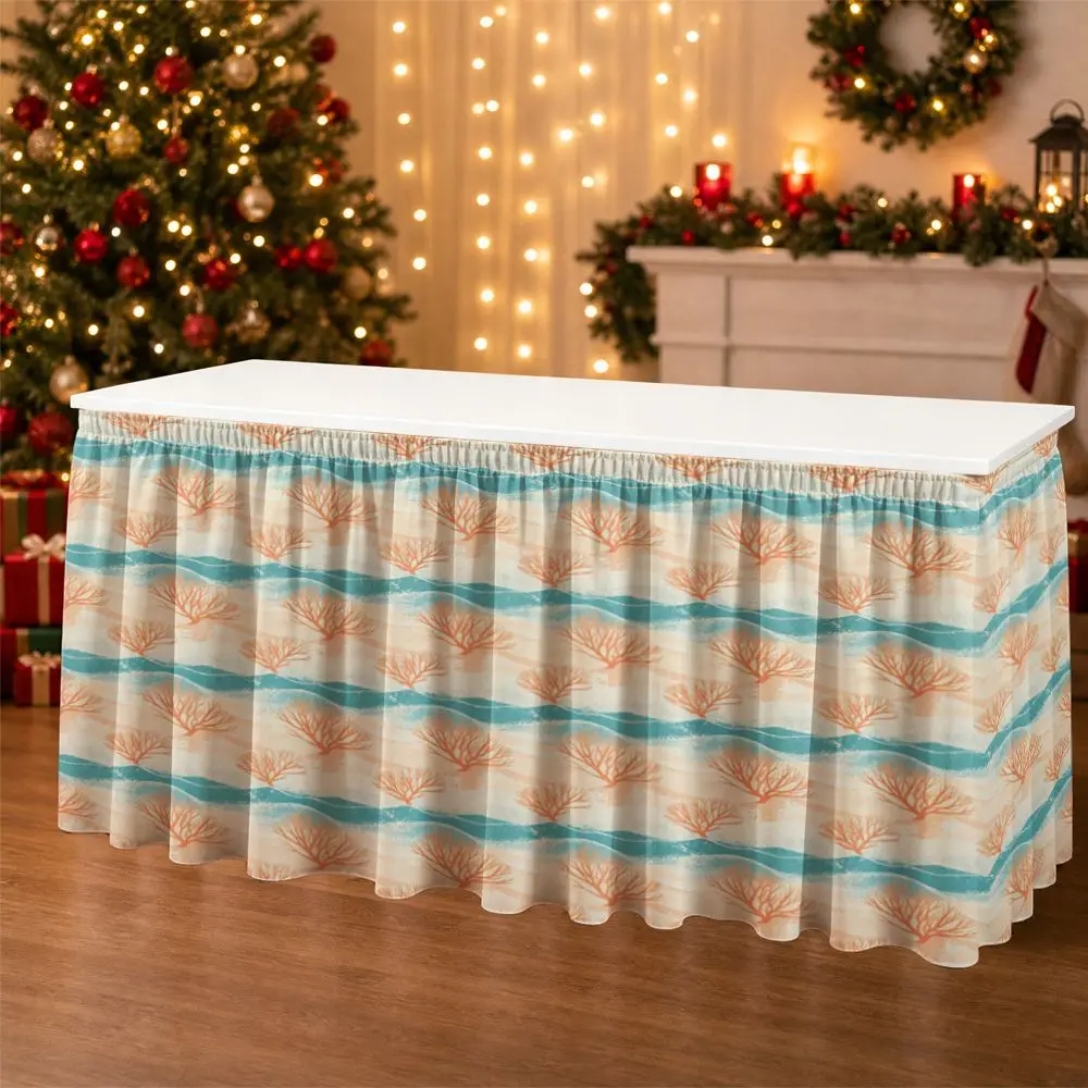 One-piece party table skirt decoration - coral and wave pattern printed ruffled table edge