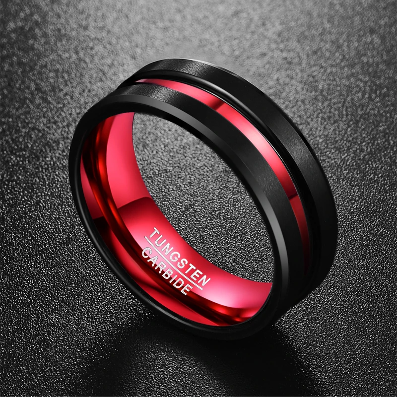 BONLAVIE New Hot Sell Men's 8MM Black and Red Tungsten Carbide Ring Matte Finish Beveled Edges Size 7 To 16 AAA Quality Jewelry