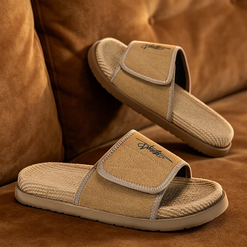 Men's Summer 2026 New Style Casual Flax Woven Sandals Anti-Slip Soft Bottom Thong Slippers Beachwear Breathable EVA Inner