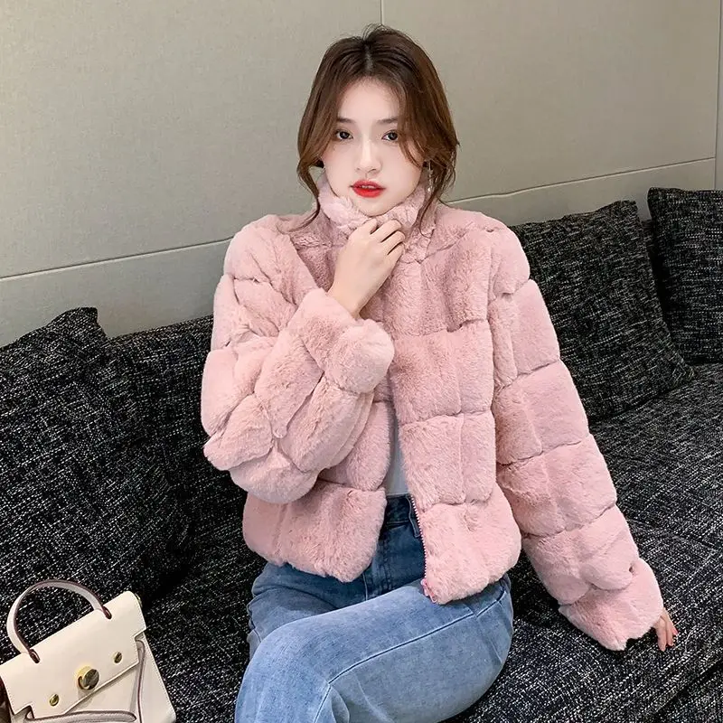 Winter Faux Rabbit Fur Coat Women Long Sleeve Zip Lapel OverCoat Thick Warm Plush Jacket Abrigo Mujer Bontjas Fourrure