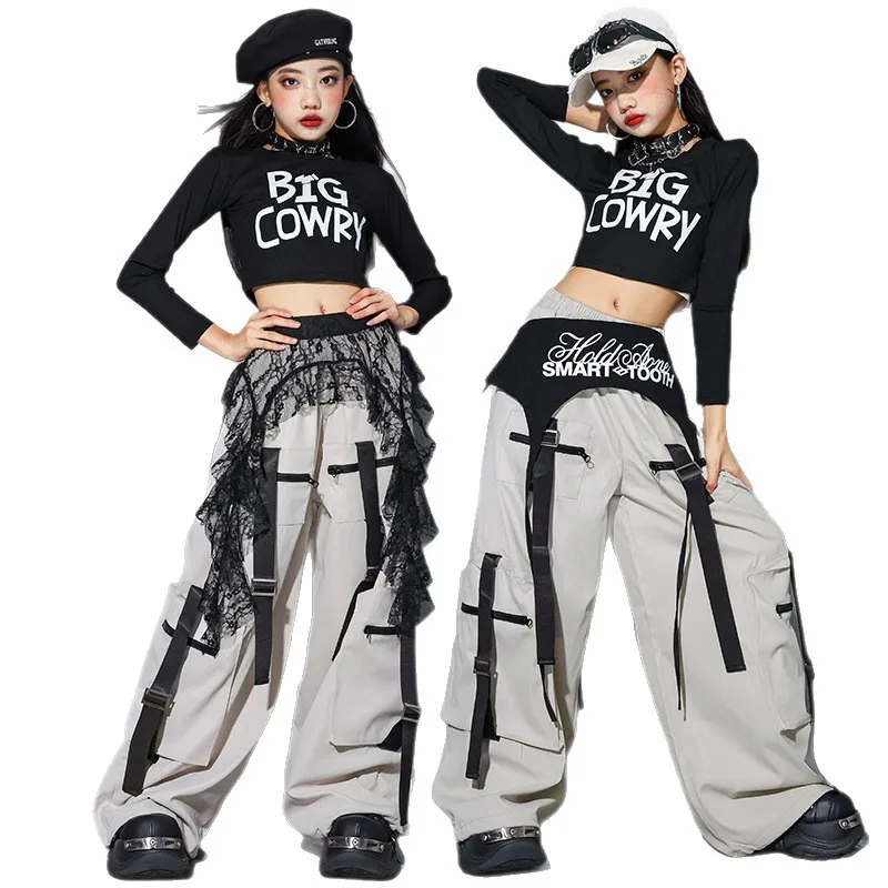 

Укороченный топ K-pop для девочек, модные спортивные брюки для бега с буквами, комплекты групповой одежды для девочек, детская уличная одежда в стиле хип-хоп, детские джазовые костюмы