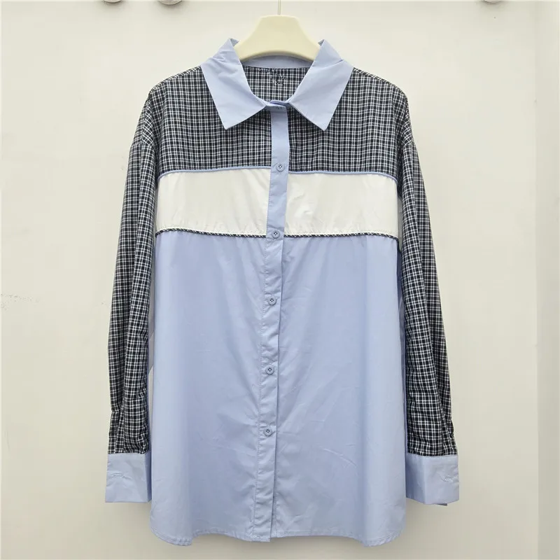 

SuperAen European and American Style Summer New Patchwork Plaid Unique Mid-length Shirt Fashion for Women Long-sleeved Shirts