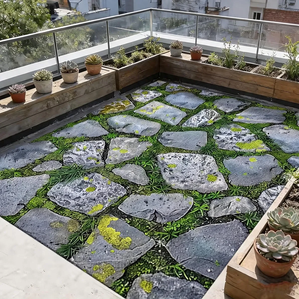 Large Square Outdoor Carpet with Detailed Pattern, Soft Absorbent Surface and Non-Slip Rubber Backing, Easy Fold Picnic Mat for Balcony and Living Room