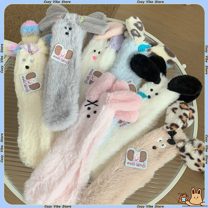 

3D носки из кораллового флиса с большими ушками для щенков, осень-зима, леопардовый принт, милые мультяшные толстые теплые напольные мягкие модные женские носки для сна