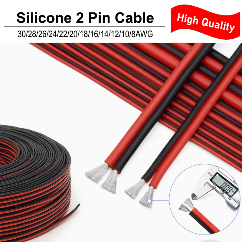 

1~20m Black Red Silicone 2Pin Cable 30 28 26 24 22 20 18 16 14 12 10 8AWG High Temperature Electronic Soft Tinned Copper Cable
