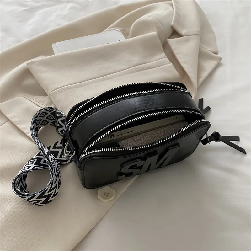 Chic SM Letter Camera Bags, Stylish Women’s Crossbody Small Square Purses with Wide Patterned Straps, Perfect for Daily Casual image 4