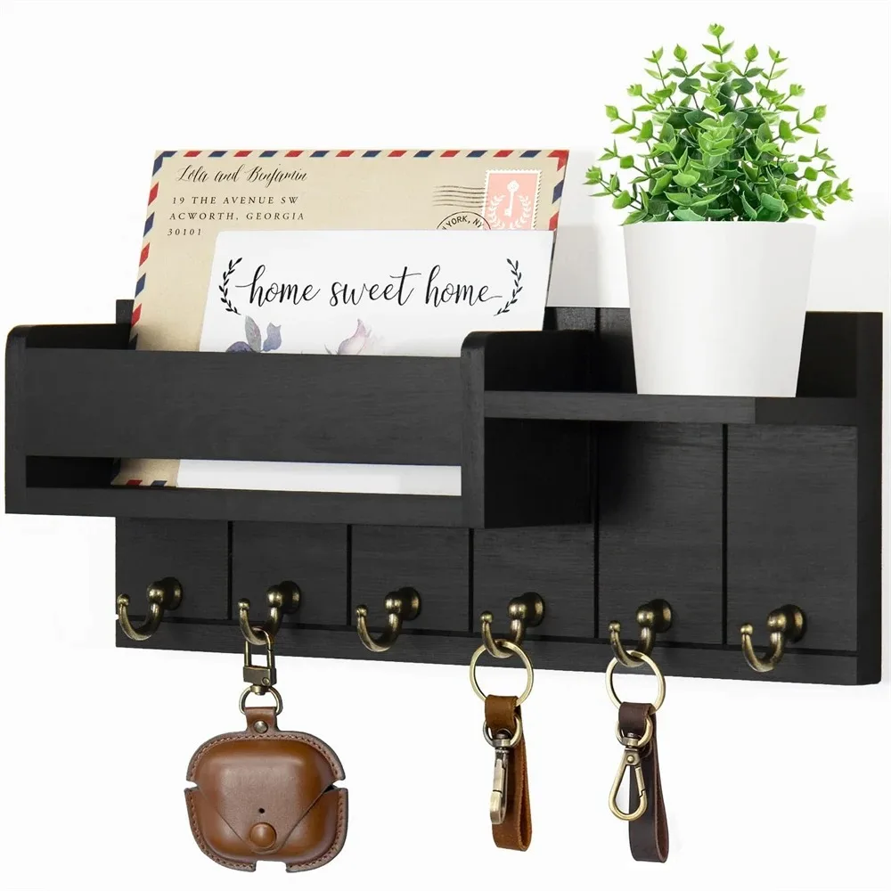 Nuevo estante decorativo para llaves y organizador de correo con 6 ganchos para llaves, soporte para llaves de madera rústica montado en la pared con estante para sala de estar