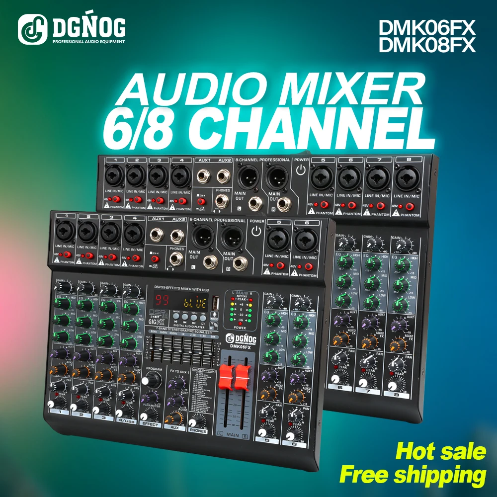 المهنية 8 قناة جهاز مزج الصوت DGNOG DMK08FX DJ وحدة خلط الصوت مع 48 فولت الطاقة الوهمية بلوتوث USB لاستوديو الكاريوكي