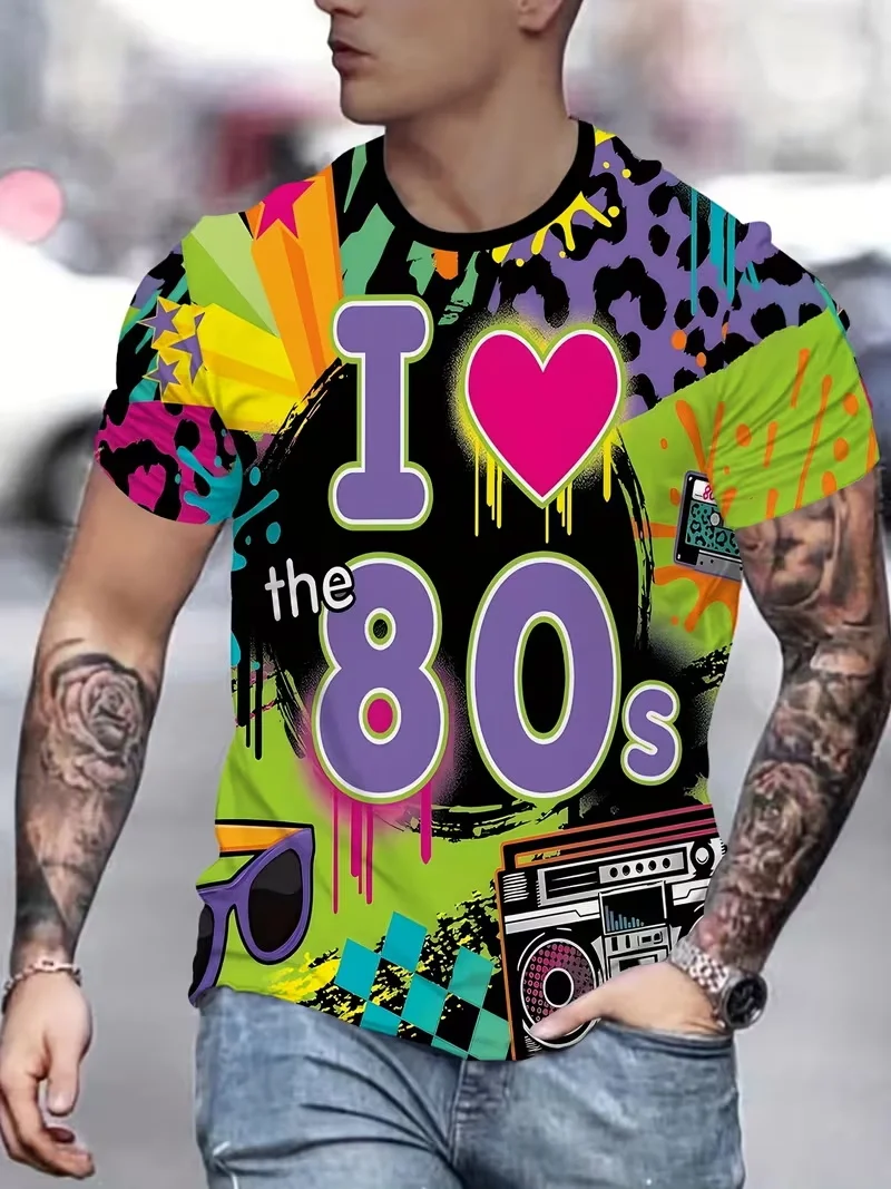 3D Digital Print Retro 80s Graphic T-Shirt For Men Vibrant Neon Carnival Design Breathable Round Neck Short Sleeve Tee Shirt