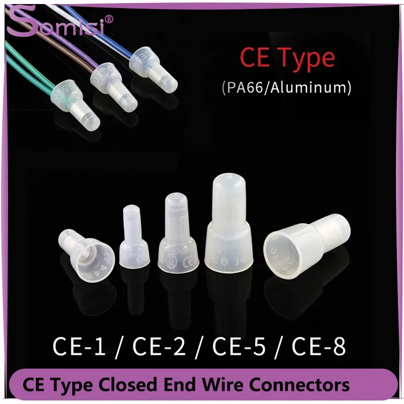 

50/100pcs CE Type Closed End Wire Terminal CE-1 CE-2 CE-5 CE-8 Pressure Line Nylon66 Connector Car Audio Cable Crimp Splice