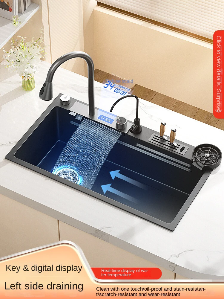 

Nano Kitchen Sink 304 Stainless Steel Waterfall Sink Digital Display Large Single Bow With Multifunction Touch Waterfall Fauce