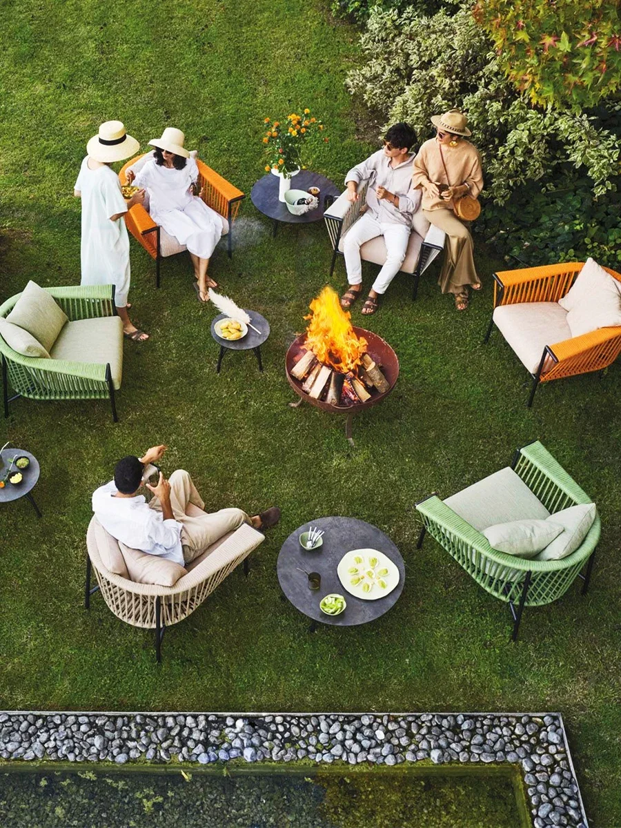 โซฟาหวายสไตล์นอร์ดิกสำหรับพักผ่อนกลางแจ้ง เฟอร์นิเจอร์สำหรับวิลล่า ลานบ้าน สวน ระเบียง  ทนน้ำและป้องกันแสงแดด