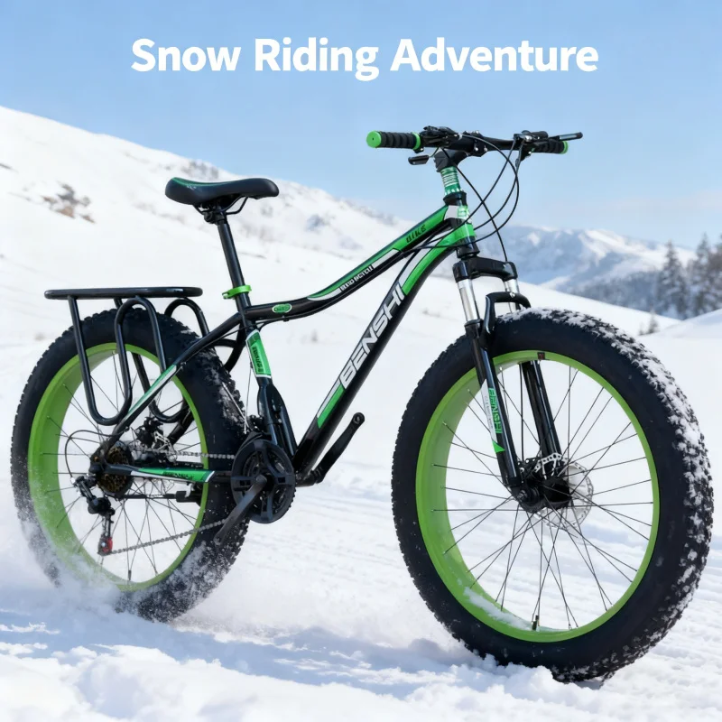 

Black and Green Large Tire Bicycle Adult Men's Variable Speed Thick Wide Snow Mountain Bike Off-Road Fat Bike Beach Shock Absorp