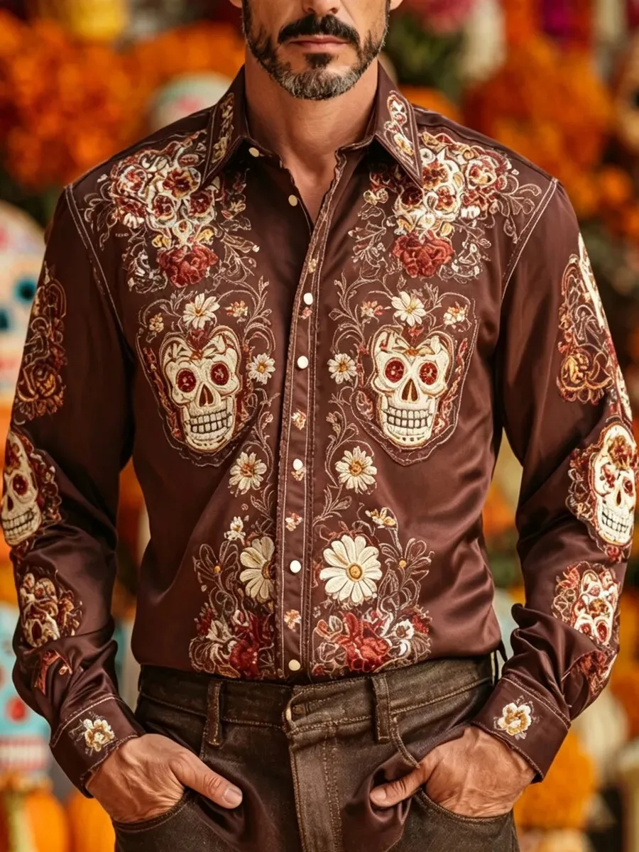 Men Lapel Long Sleeve Shirt Day of the Dead Western Sugar Skull Daisy Floral Print Satin Button Shirt