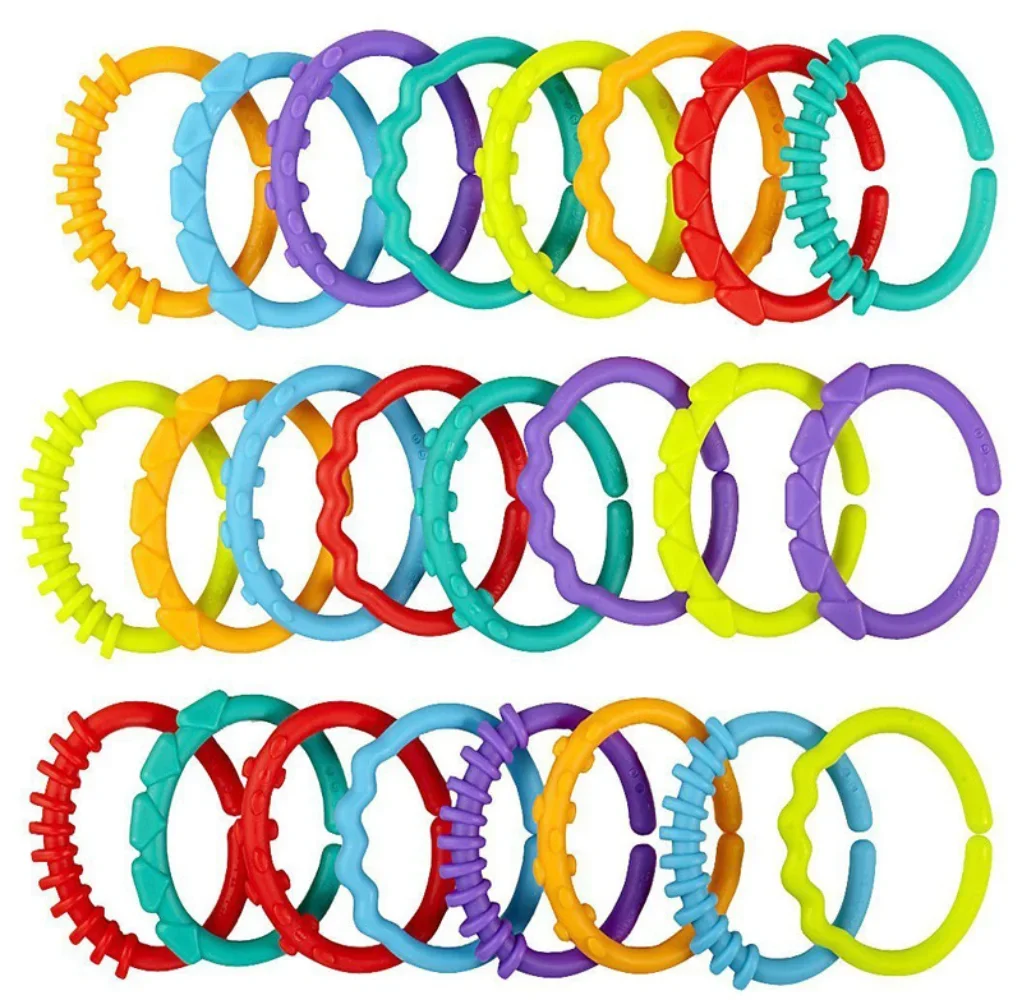 6/8/24Pcs Baby Teether Toys Baby Rattle Colorful Rainbow Rings Molars Rattle Safety Toys Children Crib Bed Stroller Hanging 2024