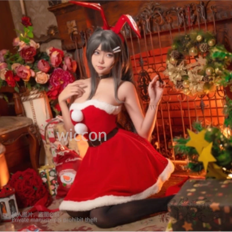 Аниме Sakurajima Mai Косплей Сексуальный Кролик Красный Костюм Свинья Голова Мальчик Наряд Обувь Парик Заколка Для Волос Женская Роль Хэллоуин Рождественская Вечеринка