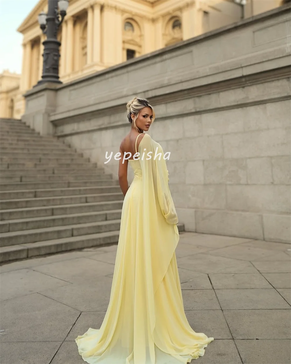 Vestidos largos clásicos personalizados de gasa drapeados con pliegues hechos a mano y flores, vestidos largos de un solo hombro, vestidos para ocasiones a medida, sencillos y elegantes