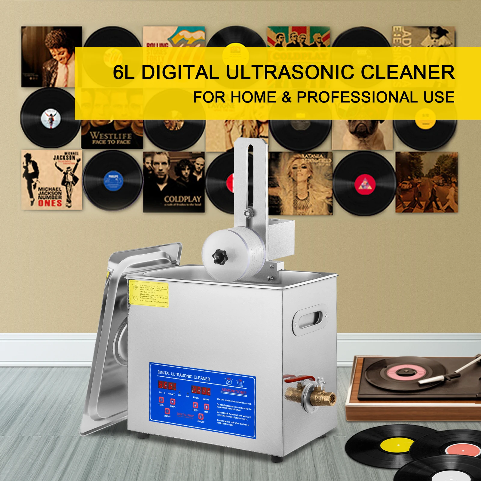 Limpiador Ultrasónico de 6L y 180W para Discos de 7-12 Pulgadas, con 8 Compartimentos y Soporte de Secado para Lentes de Contacto, Joyería Dental