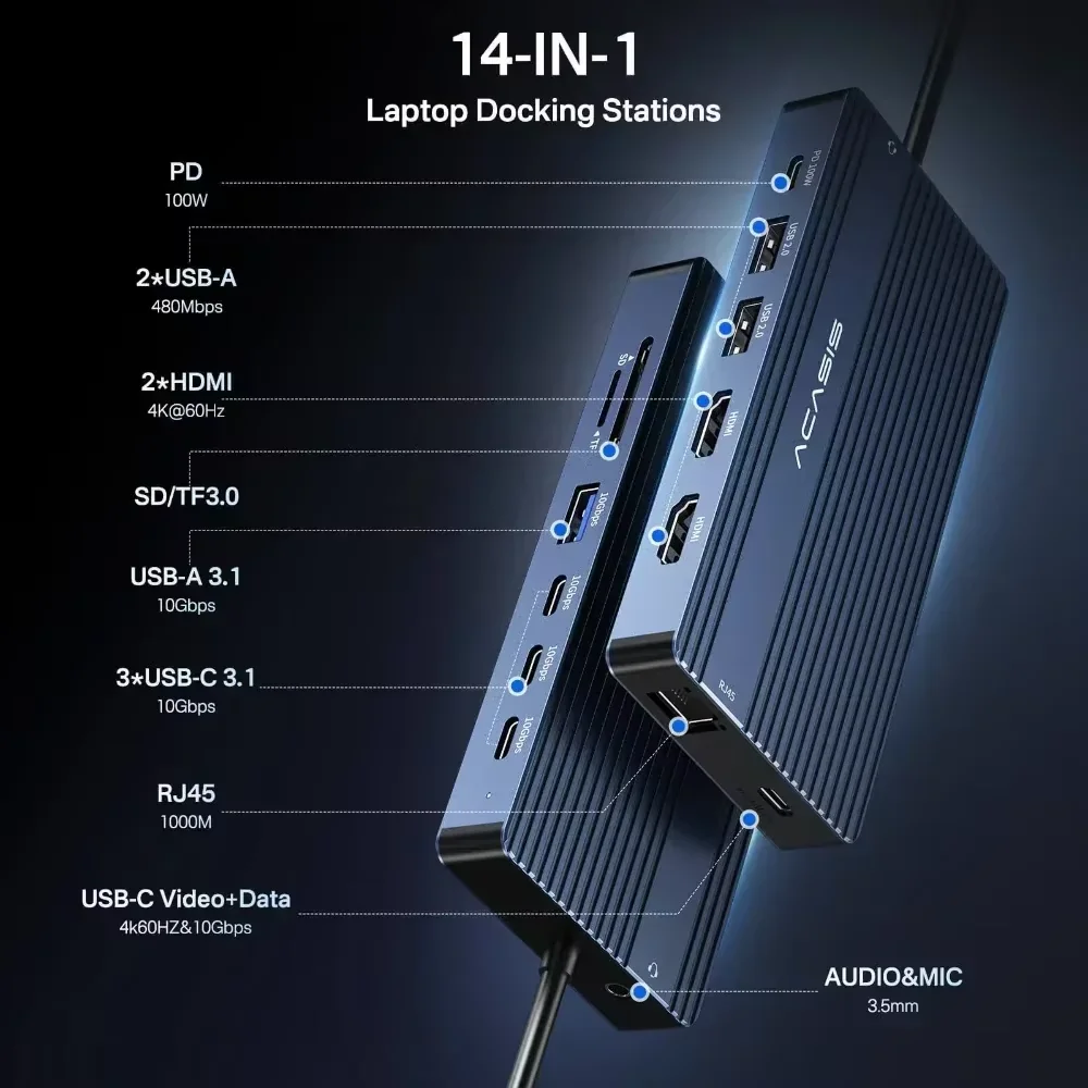 Acasis 14 in 1 USB-C 3.1 Docking Station Type-C To HDMI Hub 10Gbps 4K/60HZ PD100W 1000Mbps Ethernet 85W Input For Laptop Hub