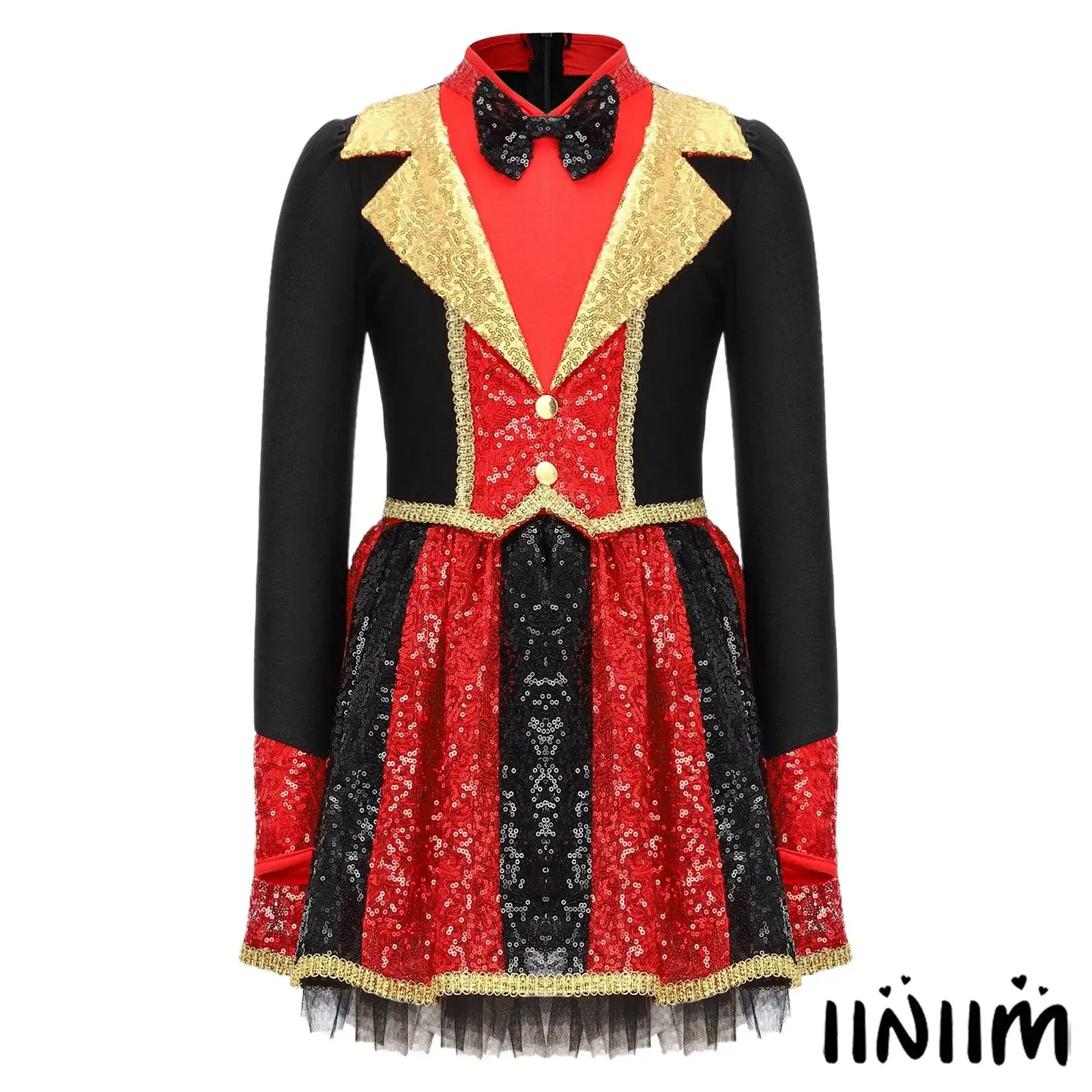

Circus Stage Performance Costume Kids Girls Shiny Gold Trim Color Block Bow Tie Cosplay Dress for Halloween Carnival Theme Party