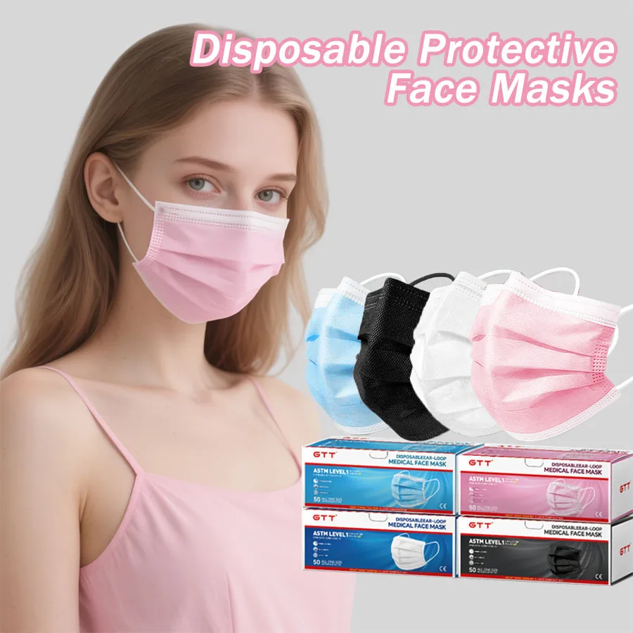 100/200pcs Disposable Protective Face Masks Pink Fashion Versatile Mask Light Breathable Anti-Stuffy Design 3 Ply Earloop Mask