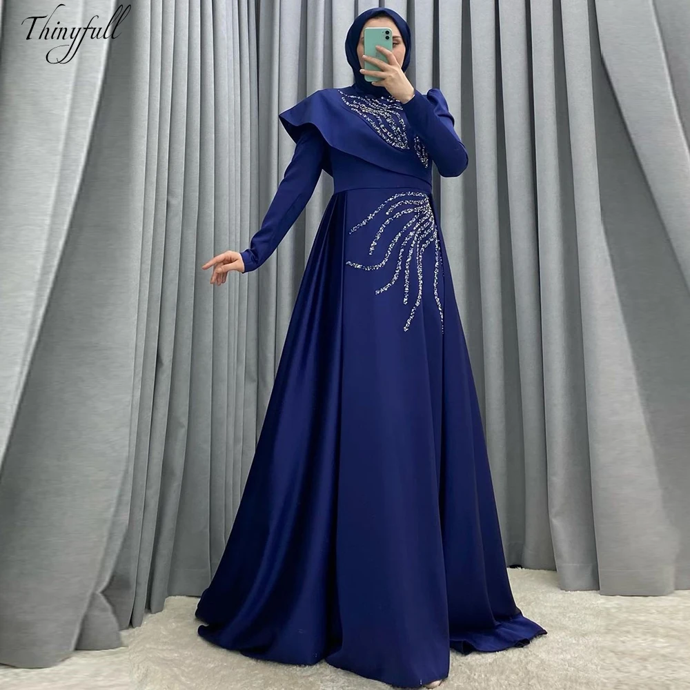 

Thinyfull A-line Arab Muslims Evening Party Dresses Satin Sequin Prom Dress Long Sleeves Formal Occasion Gown Robe De Soirée