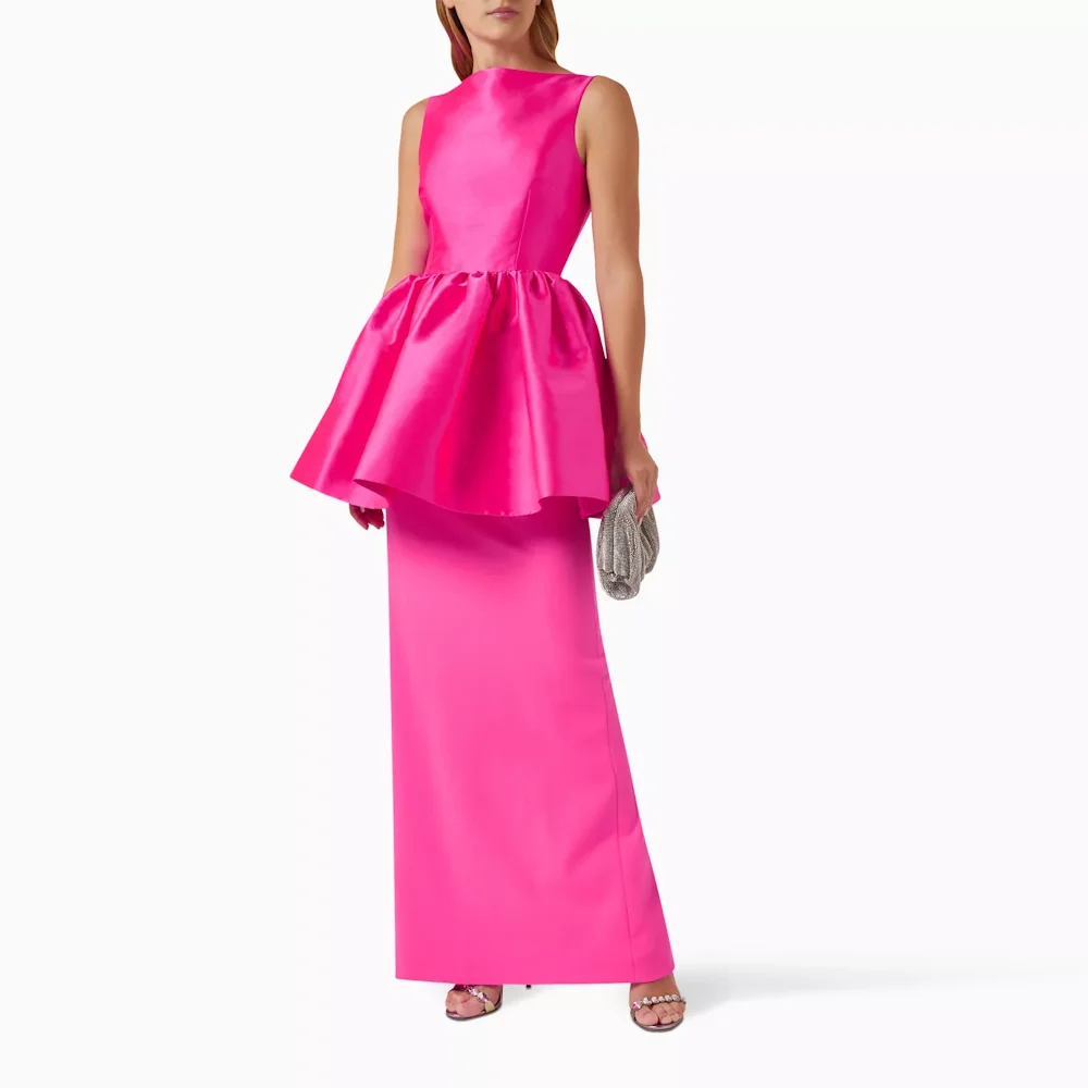 Muloong Pink Boat Neck Mermaid Midi Dress Ruffled Peplum Waist Ankle Length Classic Luxury Evening Dress Back Split Dress