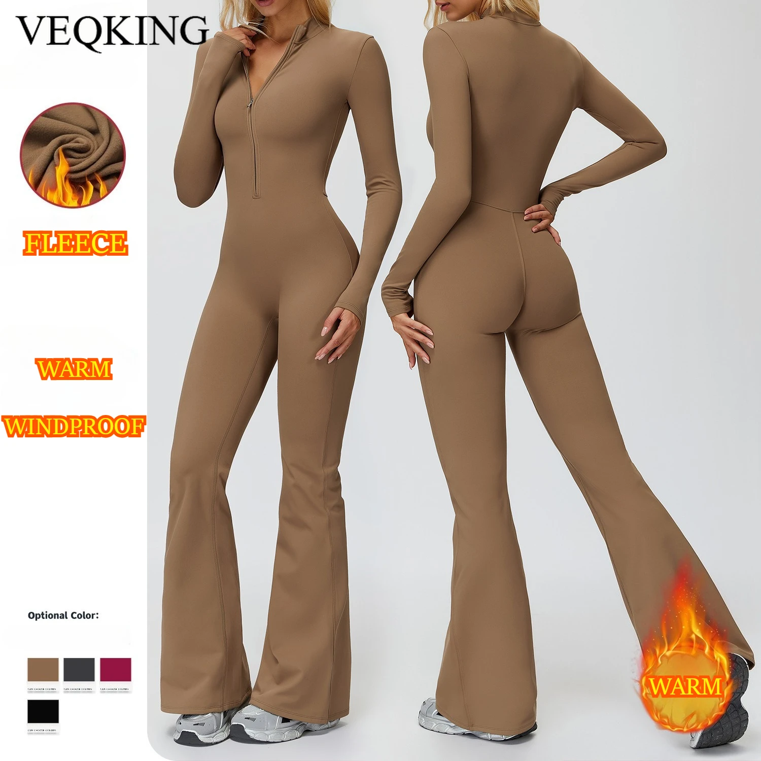 

VEQKING Winter Fleece Women Yoga Jumpsuits Halft Zip Warm Sports Tracksuits Flared Gym Fitness Pants Elastic Workout Bodysuits